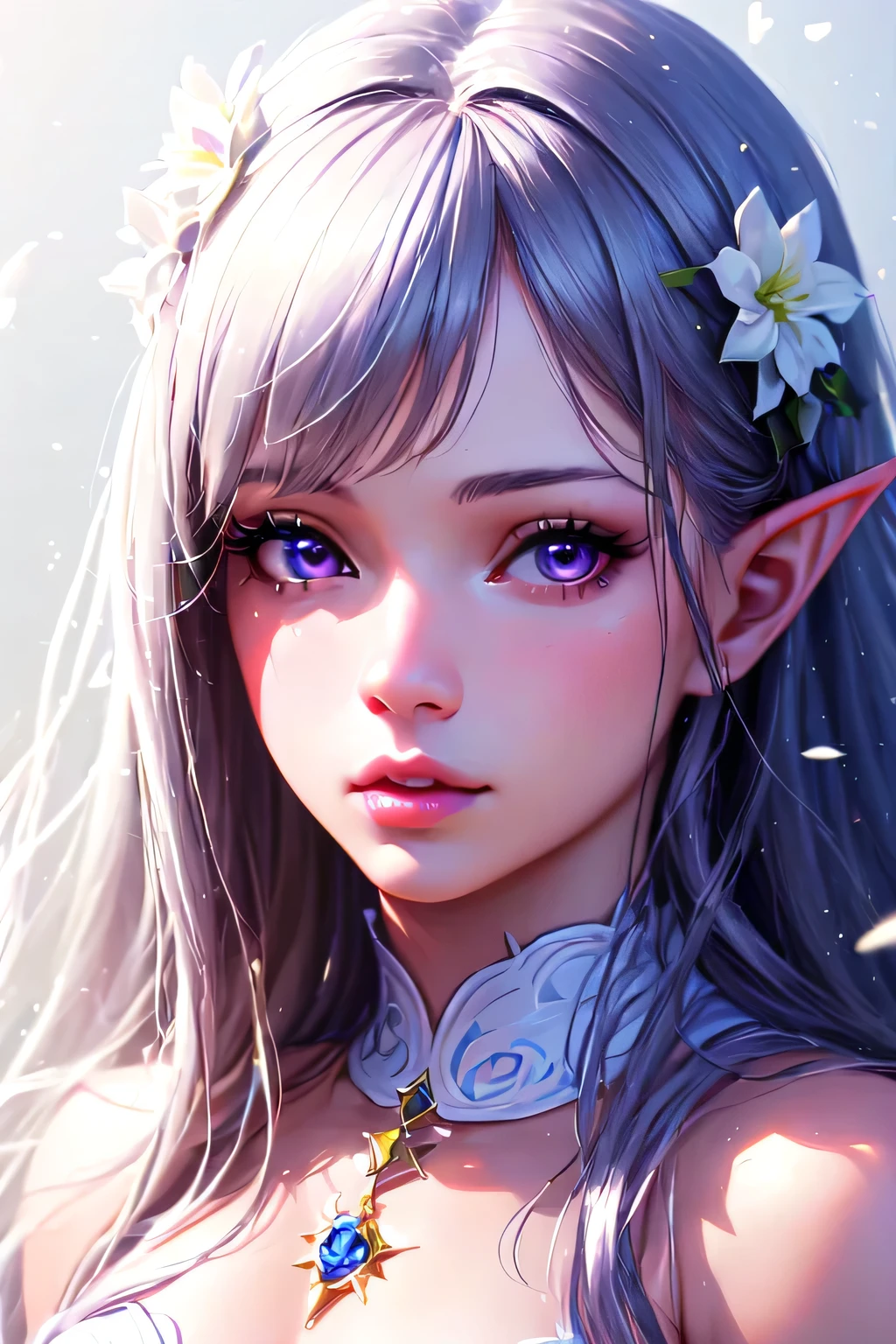 1girl, ((beautiful detailed eyes)), beautiful detailed lips, extremely detailed eyes and face, long eyelashes, elf ear, white flower with a purple bow in her hair, crystal formations, floating particles, ethereal, delicate, soft focus, unreachable, (best quality,4k,8k,highres,masterpiece:1.2),ultra-detailed,(realistic,photorealistic,photo-realistic:1.37),fantasy,dreamy,purple eyes,silver hair