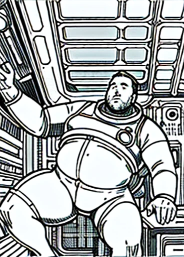 The captain of the astronauts is a plump, chubby man, extremely thick thighs, a large belly, fat. Passing inside the spaceship laboratory , he checks an analysis under the microscope. His arms are holding digital analysis devices. He wears a spacesuit.