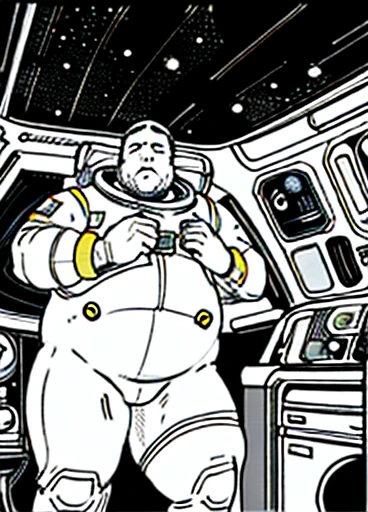 The captain of the astronauts is a plump, chubby man, extremely thick thighs, a large belly, fat. Passing inside the spaceship laboratory , he checks an analysis under the microscope. His arms are holding digital analysis devices. He wears a spacesuit.