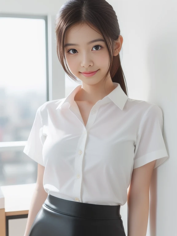 (Best quality, a high resolution, masterpiece, detailed), (RAW, 8k, HD Images), shy, 1 girl, 14 years, Beautiful face, very large perfect breasts, White skin, long hair, Ponytail, layers of hair, bang, black hair, Beautiful girl, cutie, cute girl, beautiful girl, ideal girl, beautiful eyes, Blue eyes, thin lips, thin, (eye line, soft lipstick), ideal, bedroom, smile, Hip, legs, short latex skirt, Open shirt, unbuttoned shirt,beautiful breasts,nylon stockings, standing,photo on a white background, wall background, whole body, split, (highly detailed skin:1.2), 8 K, digital SLR camera