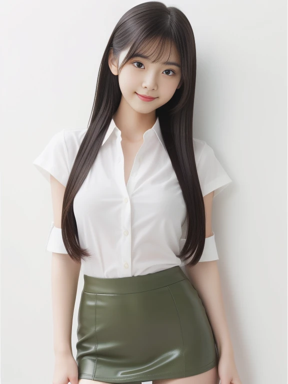 (Best quality, a high resolution, masterpiece, detailed), (RAW, 8k, HD Images), shy, 1 girl, 14 years, Beautiful face, very large perfect breasts, White skin, long hair, Ponytail, layers of hair, bang, black hair, Beautiful girl, cutie, cute girl, beautiful girl, ideal girl, beautiful eyes, Blue eyes, thin lips, thin, (eye line, soft lipstick), ideal, bedroom, smile, Hip, legs, short latex skirt, Open shirt, unbuttoned shirt,beautiful breasts,nylon stockings, standing,photo on a white background, wall background, whole body, split, (highly detailed skin:1.2), 8 K, digital SLR camera