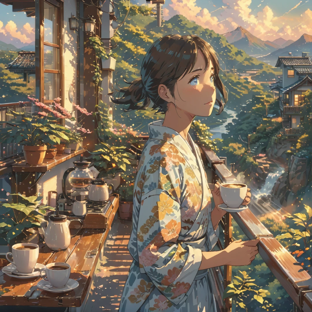 ((Anime: 1.4, Illustration)), (Masterpiece, Top Quality, Best Quality), (Ultra-Detailed, Absolutely Resolution), ((16k, HIGH RES)) (drinking coffee, balcony, beautiful landscape, morning, lighting), ( Anime: 1.4, Illustration)), (Masterpiece, Top Quality, Best Quality), (Ultra-Detailed, Absolutely Resolution). Ak {Lofi Art, Style of Laurie Greasley, Style of Makoto Shinkai, Anime Aesthetic}, BREAK {(Produces IMAGES WITH ITH INFORMATION THAN 40 Million Pixels with Cinematic-Like Detailed Textures S Hot on a Sony slur).}