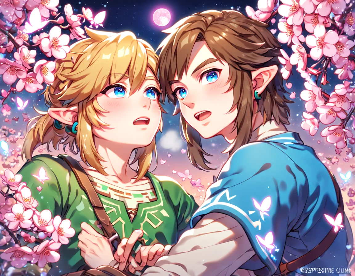 absurdres, highres, ultra detailed, HDR, master piece, best quality, extremely detailed face, delicated features, Link, brown hair, expressive blue eyes, The Legend Of Zelda, Link, blonde hair, expressive blue eyes, two sexy men together, gay couple, yaoi, handsome, green tunic, blue tunic, fantasy, magical, radiant, pink butterflies, pink flowers, night sky, shinning pink moon, blossoms, Twilight Princess & Breath Of The Wild