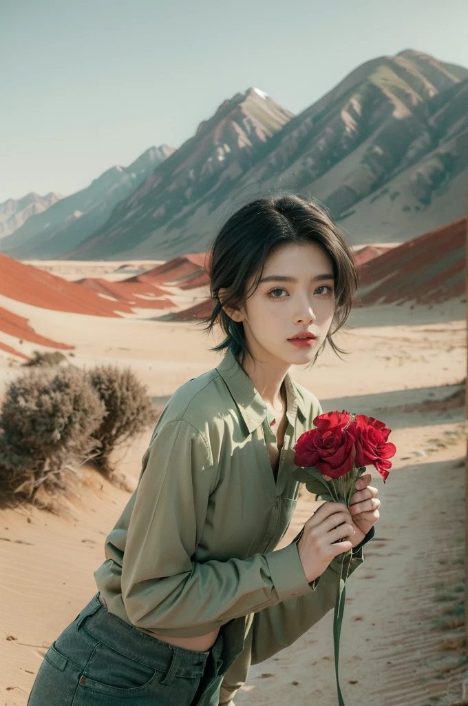 (((best quality))),(((ultra detailed))),(((masterpiece))),illustration,((1 beautiful girl,tomboy,solo)),(short black hair:1.2),((slim,thin)),((small breasts,thin)), vigorous, confident, (light green collared shirt:1.3), (dark green pants:1.2),(standing:1.3),simplicity, robustness, strong features, (Abandoned Gobi Desert Scene:1.3),glowing eyes, rebellious, sensible, (mountainous landscape:1.3), (only a vibrant red flower:1.3), elegance, unyielding spirit, youthful beauty, strength, resilience, adversity, challenges,((from front,upper body))