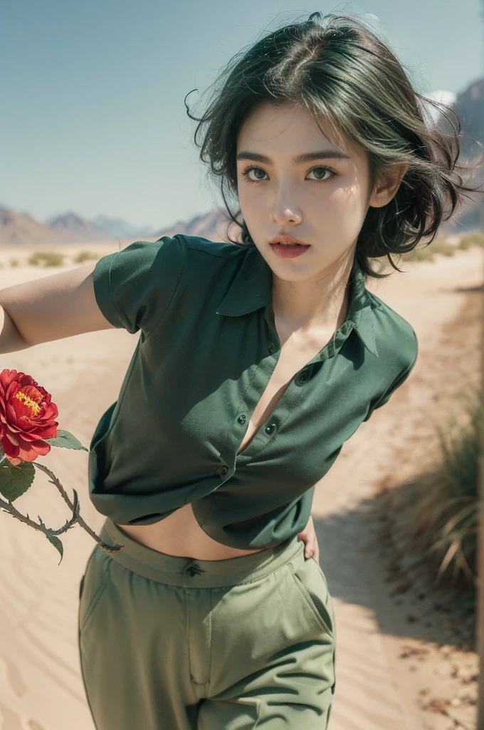 (((best quality))),(((ultra detailed))),(((masterpiece))),illustration,((1 beautiful girl,tomboy,solo)),(short black hair:1.2),((slim,thin)),((small breasts,thin)), vigorous, confident, (light green collared shirt:1.3), (dark green pants:1.2),(standing:1.3),simplicity, robustness, strong features, (Abandoned Gobi Desert Scene:1.3),glowing eyes, rebellious, sensible, (mountainous landscape:1.3), (only a vibrant red flower:1.3), elegance, unyielding spirit, youthful beauty, strength, resilience, adversity, challenges,((from front,upper body))