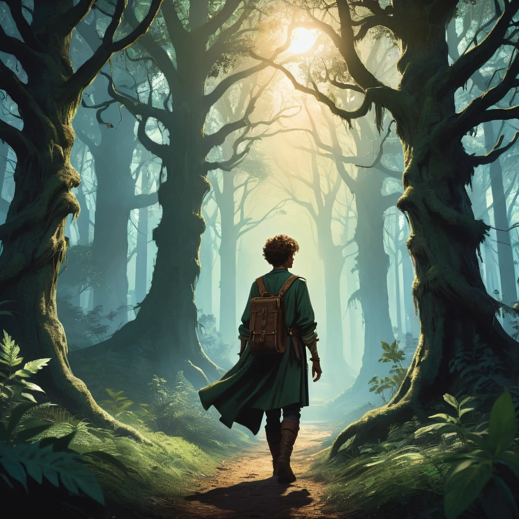 Under the canopy of ancient, twisted trees, a young male teenager with short curly brown hair stands at the edge of a foreboding forest. His simple brown farmer's outfit, worn and patched, contrasts sharply with the shadowy, mystical ambiance of the woods.
From the back, he appears to be contemplating the path before him, the dim light of the setting sun casting long shadows around him. The forest ahead is thick with gnarled roots and whispering leaves, alive with the unseen presence of mythical creatures and hidden dangers.
In his hand, he clutches a worn leather satchel, a symbol of his humble beginnings and the simple life he left behind. As he steps forward, the forest seems to close in, the air growing colder and filled with the faint sounds of distant howls and rustling underbrush.
What secrets lie ahead on the path he has chosen? What trials will he face in the heart of the dark, enchanted forest? This is the beginning of his journey, one that will test his courage, resolve, and the very essence of his character.