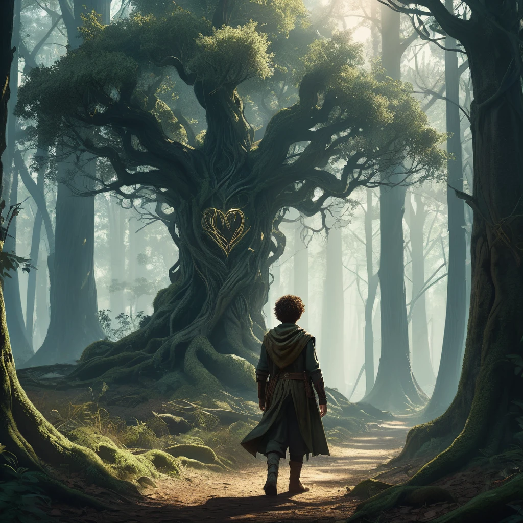 Under the canopy of ancient, twisted trees, a young male teenager with short curly brown hair stands at the edge of a foreboding forest. His simple brown farmer's outfit, worn and patched, contrasts sharply with the shadowy, mystical ambiance of the woods.

From the back, he appears to be contemplating the path before him, the dim light of the setting sun casting long shadows around him. The forest ahead is thick with gnarled roots and whispering leaves, alive with the unseen presence of mythical creatures and hidden dangers.

In his hand, he clutches a worn leather satchel, a symbol of his humble beginnings and the simple life he left behind. As he steps forward, the forest seems to close in, the air growing colder and filled with the faint sounds of distant howls and rustling underbrush.

What secrets lie ahead on the path he has chosen? What trials will he face in the heart of the dark, enchanted forest? This is the beginning of his journey, one that will test his courage, resolve, and the very essence of his character.