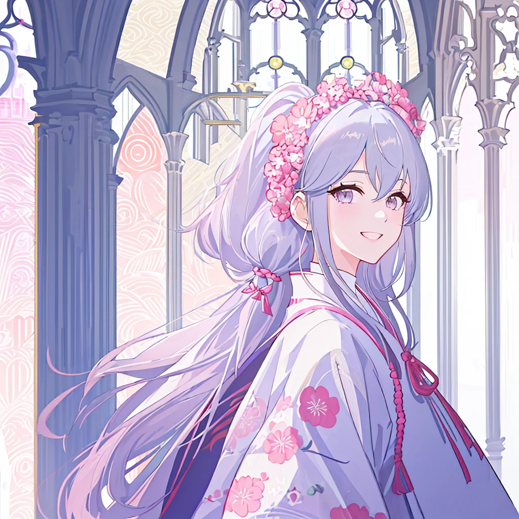 1 girl in、(silver medium Hair)、side ponytailed、pink eye、Looking at the camera、from side,delicate finger、beautiful ilumination、(adult),white kimono、miko costume、smile,laugh,((cathedral background))、(High resolution of the highest quality)、((Masterpieces of the highest quality:1.2))