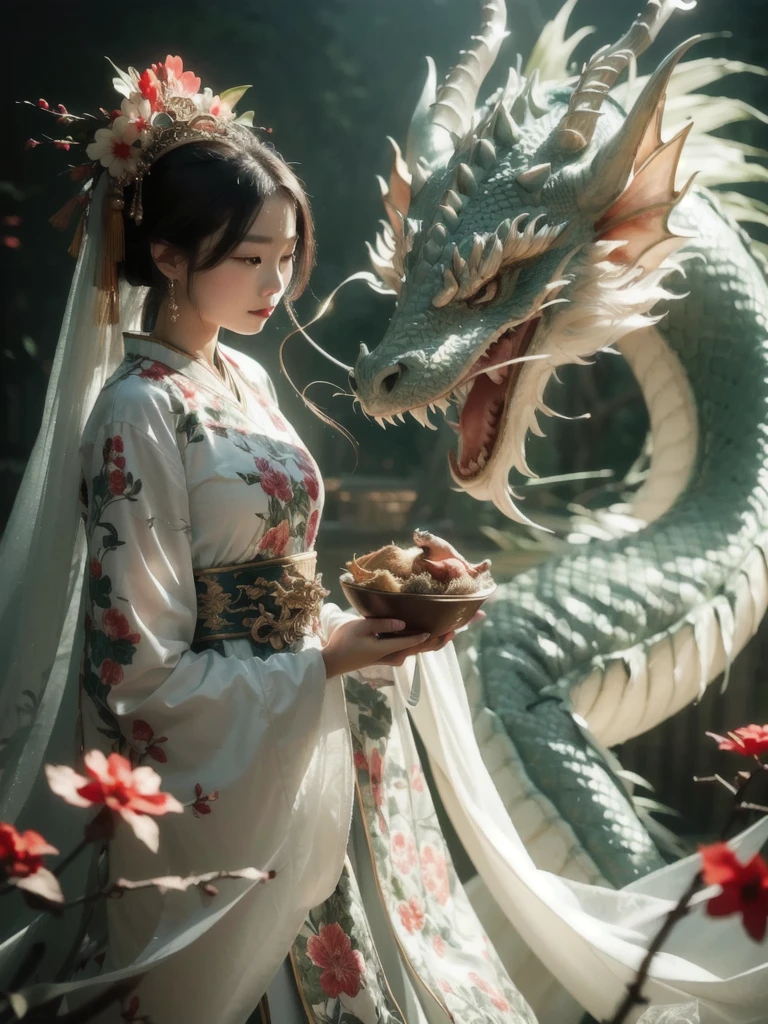 a Chinese woman holding a bowl, a dragon, masterpiece