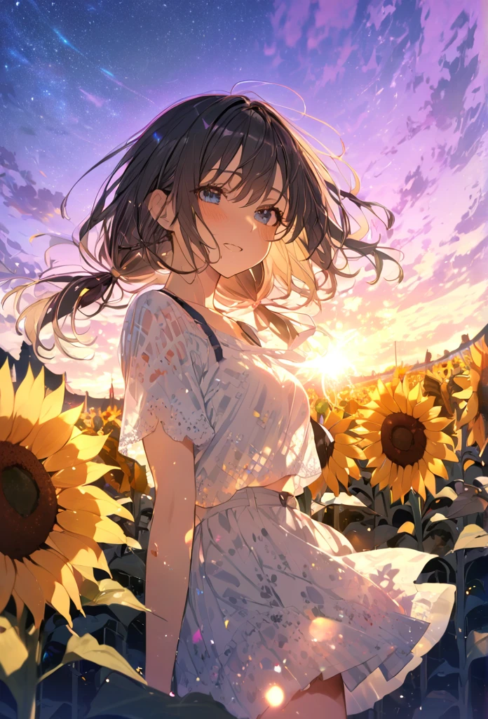 Highest quality　masterpiece　High resolution　masterpieceグレーアイズ　Low Twintails、casual summer outfit　、Sunflower field、flowerpunk、Sparkling light particles、Vivid gradient effect