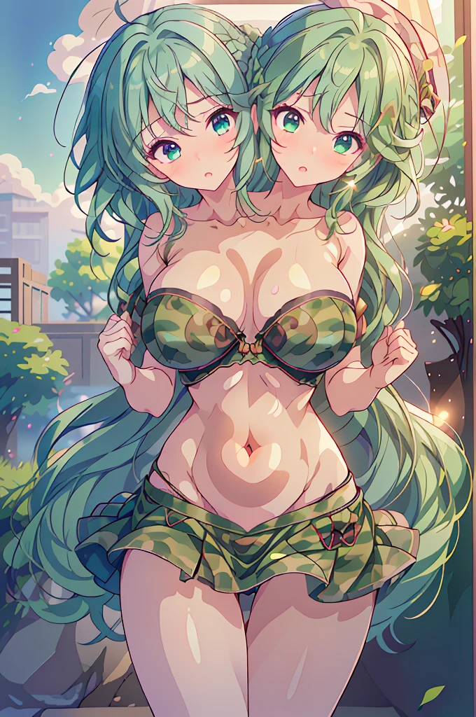 (masterpiece, best quality), best quality, best resolution, (ultra-detailed), (3heads:1.5), 1girl, (yamashiro takane:1.3), masterpiece, best quality, ultra quality, ultra resolution, green top, crop top, ((stomach)), midriff, ((groin)), green skirt, miniskirt, normal ears, shackles, green hair, very long hair, wavy hair, sidelocks, blue eyes, parted lips, single horn, sweat, cute, toned belly, hand on own chest, eyelashes, (24 year old woman:1.3), (masterpiece:1.5), (best quality:1.5), (beautiful detailed), extremely detailed CG, extremely delicate and beautiful, depth of field, (finely detailed face), (perfect details:1.2), (mature female:1.3), wide pelvis, slender, large veiny breast, 16k resolution, highres, high quality, high definition, extremely detailed, masterpiece, green hair, long hair, alluring presence, twin braid, short skirt, close up, very big tits, huge tits, young, green headwear, hat, camouflage, girl with three heads, three headed girl,
