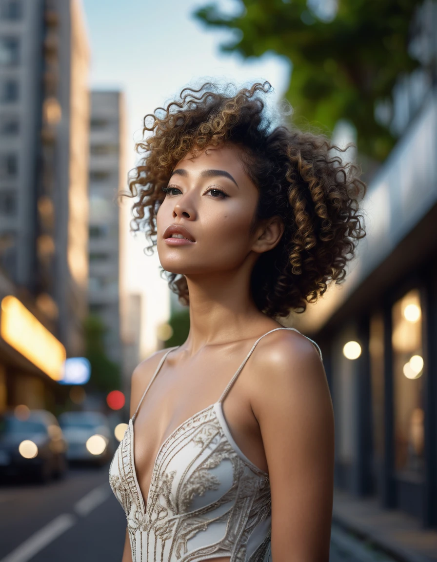 ultra realistic close-up photography of a stunning mixed race brazilian light afro and japanese woman standing outdoors. Drop dead woman in fashion body dress with curly hair,looking upwards with a contemplative expression, orthodontic appliance, very attractive, The background is blurred with an urban setting with buildings and some foliage. The lighting in the photograph is soft,and the focus is on the person,Cinematic, Photoshoot, Shot on 25mm lens, Depth of Field, Tilt Blur, Shutter Speed 1/1000, F/22, White Balance, 32k, Super-Resolution, Pro Photo RGB, Half rear Lighting, Backlight, Dramatic Lighting, Incandescent, Soft Lighting, Volumetric, Conte-Jour, Global Illumination, Screen-Space Global Illumination, Scatter, Shadows, Harsh, Flicker, Lumen Reflections, Screen-Space Reflections, Diffraction Gradation, Chromatic Aberration, GB Shift, Scanlines, Ambient Occlusion, Anti-Aliasing, FKAA, TXAA, RTX, SSAO, OpenGL-Shader's, Post-Processing, Post-Production, Cell Shading, Tone Mapping, CGI, VFX, SFX, Insanely Detailed and Intricate, Hyper maximalist, elegant, dynamic pose, photography, volumetric, ultra-detailed, intricate details, super detailed, environment –uplight –v 6 –q 2, final render