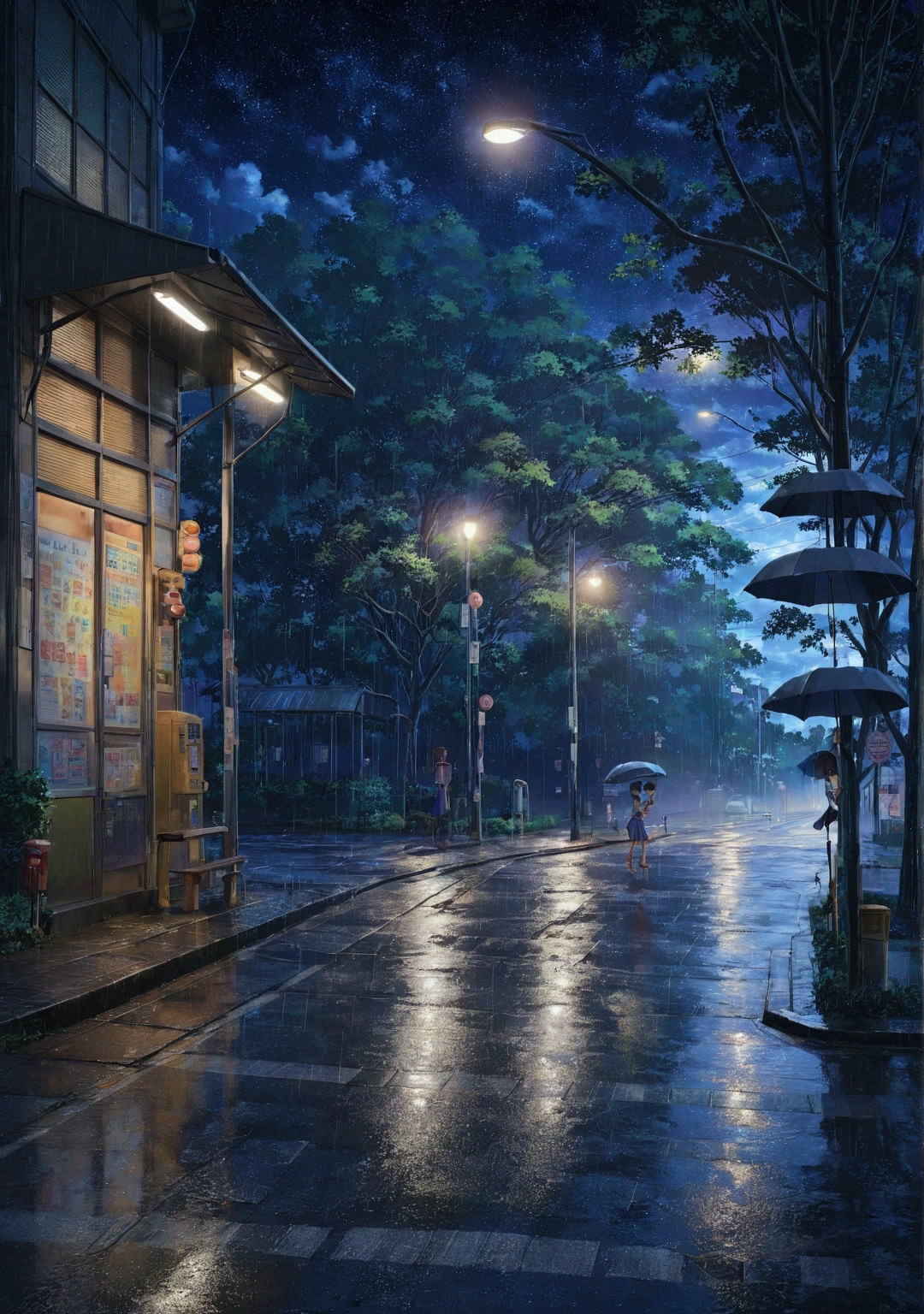 Best image quality, animation, A drizzling street corner. Under the dim night sky, Wet asphalt reflects light, bus stop, high school student, Girl on her way home from school, Her hair was wet from the rain, She is laughing innocently, A boy comes to pick her up, I quickly put an umbrella over her, In the background are detailed buildings and street lights reminiscent of Makoto Shinkai&#39;s work., bus stop