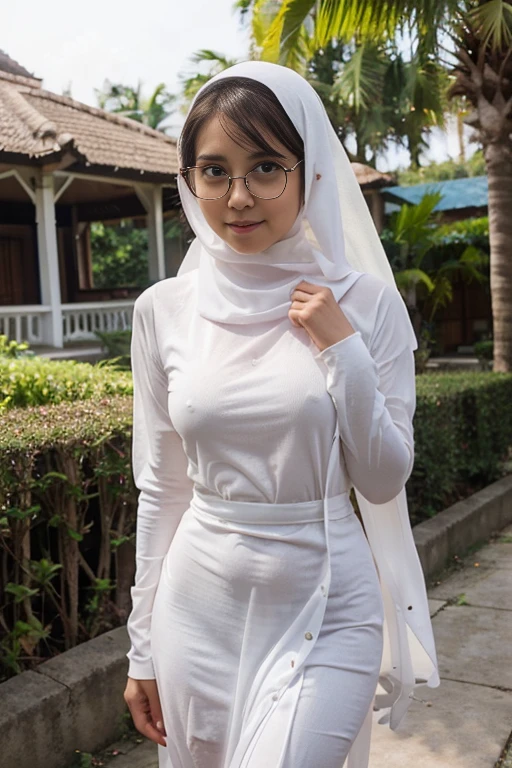 A sweet beautiful young Bogor city girl, 25  years old, sweet georgeus round childish face, white pale skins, big wide forehead, cute  hawk type little  nose, big round eyes,  dark big mole under her eyes, very slim little  body, slim legs, very slim buttock, straight neck short slim  hairs, dark brownish small mouth, sensual thin uper lip, sensual heavy lower lip, small size age breasts, descent mixed from sundanese and javanese,  shy and quite type girl, her name is Sylvia, she is ex local university student, nate thin straight medium black hairs with a bangs, standing cheerful  spread legs  as profetional model at her home yard, wearing  full see through almost transparent white very thin long sleeve  A-shape muslimah full  long dress, wearing thin muslimah long hijab that covering all her hairs and ears, sunshine shining to all  her body, cute sweet smiling to us, wearing glasses, from head to toes visible, picture taken using DSLR camera,