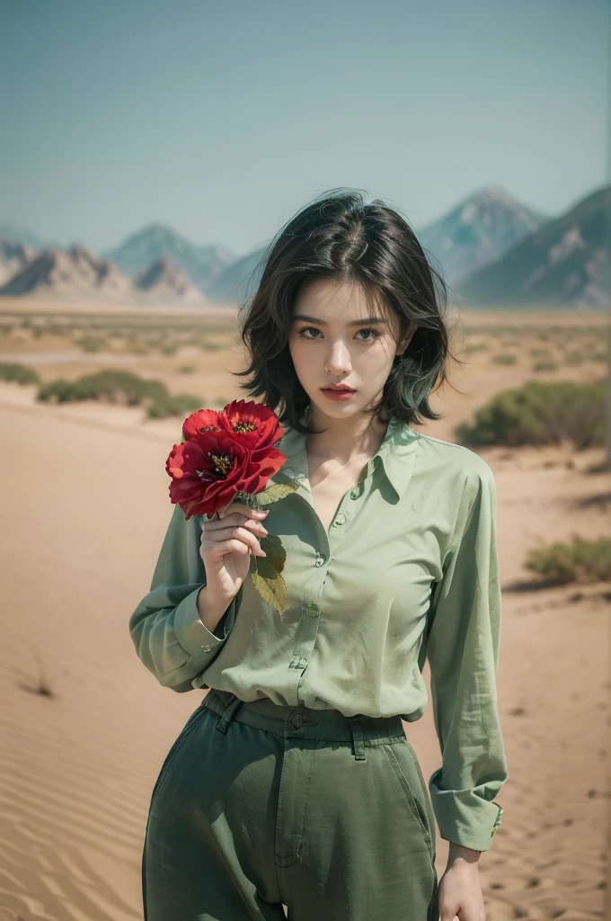 (((best quality))),(((ultra detailed))),(((masterpiece))),illustration,((1 beautiful girl,tomboy,solo)),(short black hair:1.2),((slim,thin)),((small breasts,thin)), vigorous, confident, (light green collared shirt:1.3), (dark green pants:1.2),(standing:1.3),simplicity, robustness, strong features, (Abandoned Gobi Desert Scene:1.3),glowing eyes, rebellious, sensible, (mountainous landscape:1.3), (only one vibrant red flower:1.3),elegance, unyielding spirit, youthful beauty, strength, resilience, adversity, challenges,((from front,upper body))
