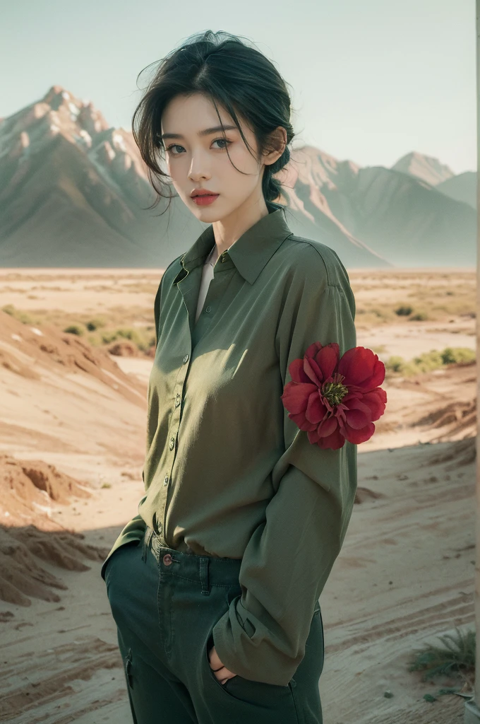 (((best quality))),(((ultra detailed))),(((masterpiece))),illustration,((1 beautiful girl,tomboy,solo)),(short black hair:1.2),((slim,thin)),((small breasts,thin)), vigorous, confident, (light green collared shirt:1.3), (dark green pants:1.2),(standing:1.3),simplicity, robustness, strong features, (Abandoned Gobi Desert Scene:1.3),glowing eyes, rebellious, sensible, (mountainous landscape:1.3), (only one vibrant red flower:1.3),elegance, unyielding spirit, youthful beauty, strength, resilience, adversity, challenges,((from front,upper body))