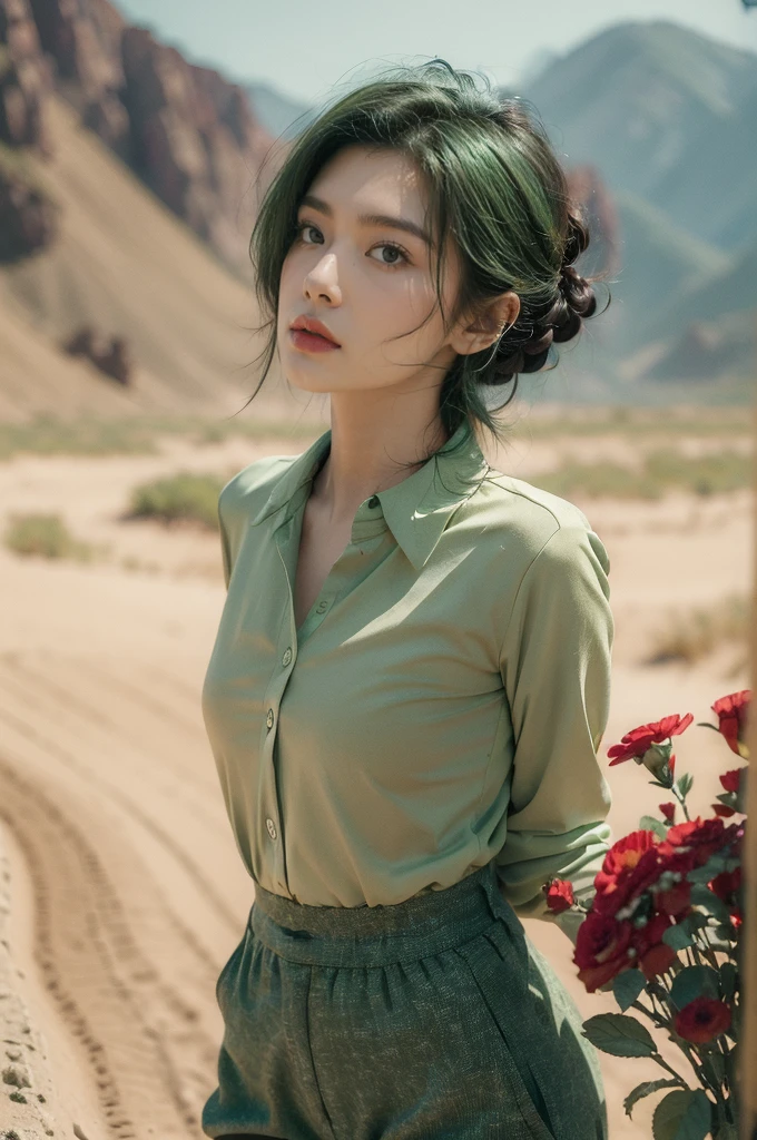 (((best quality))),(((ultra detailed))),(((masterpiece))),illustration,((1 beautiful girl,tomboy,solo)),(short black hair:1.2),((slim,thin)),((small breasts,thin)), vigorous, confident, (light green collared shirt:1.3), (dark green pants:1.2),(standing:1.3),simplicity, robustness, strong features, (Abandoned Gobi Desert Scene:1.3),glowing eyes, rebellious, sensible, (mountainous landscape:1.3), (only one vibrant red flower:1.3),elegance, unyielding spirit, youthful beauty, strength, resilience, adversity, challenges,((from front,upper body))
