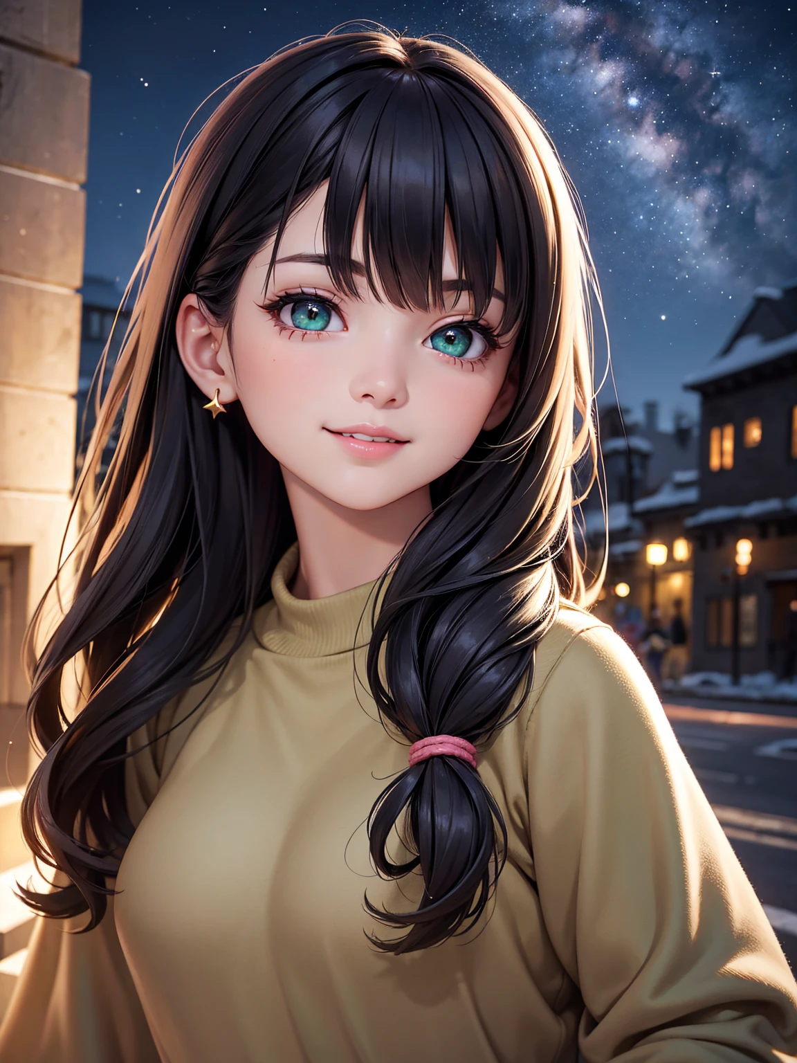 rich in detail:1.5, high resolution, Natural strokes and colors, natural lighting, face detailed, detailed hair, eye detailed, detailed nose, detailed lips. an adult and beautiful girl:1.9, wearing a sweatshirt, City at night with starry sky, with long black hair, with green eyes, pale skin, with pink lips, and with a smile.