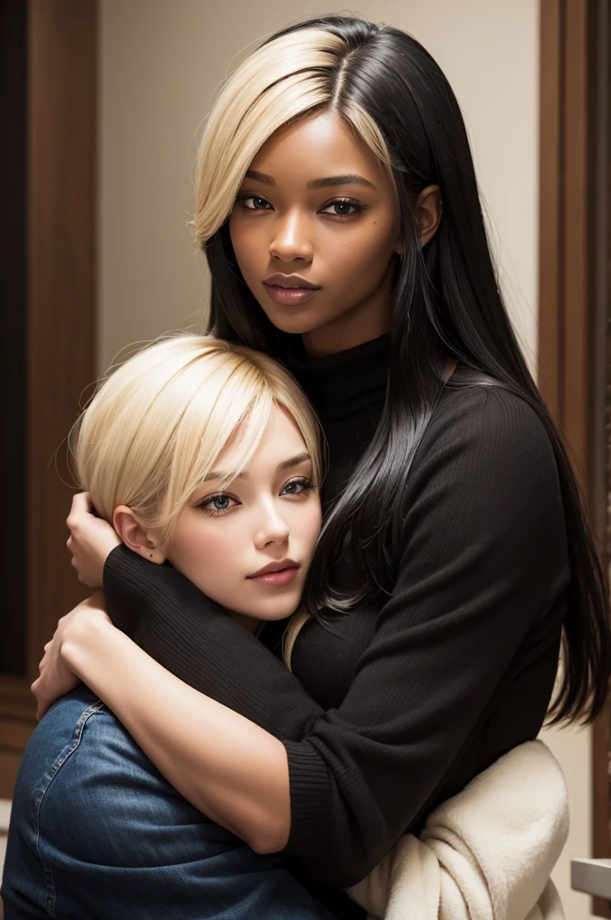 A woman with black and beautiful hair, a beautiful blond man hugging.