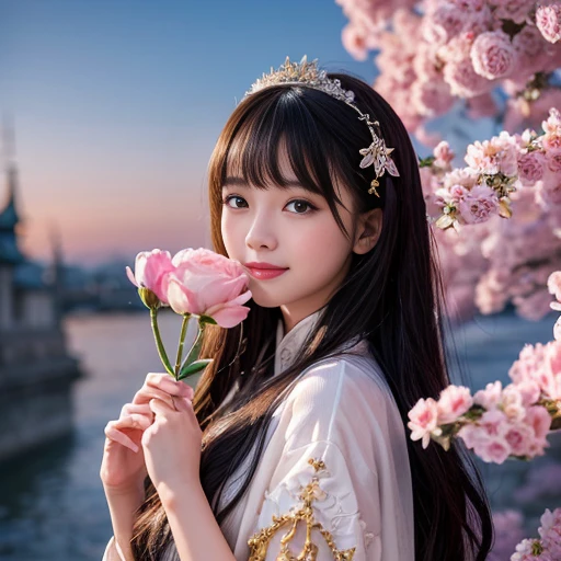 best quality, Delicate face，beautiful visual work, lifelike,  eternity, black hair, Long curly hair, blunt bangs, Smile, 在flower园里, flower, Detailed Background,  Delicate face，pink blush，cold，((masterpiece))、(top quality)、8k、high detail、Super detailed，21 years old female，Wearing cheongsam、Seductive and whimsical style、masterpiece、born、Scenes resembling fairy tale illustrations、intricate details和複雜的設計、Beautifully、magic、capricious、 Beautifully、Dream aesthetics、「𝓡𝓸𝓶𝓪𝓷𝓽𝓲𝓬、ethereal、charming、fickle、magic」、realism、Visual effects、FXAA、SSAO、Shader、voiceless、ambient lighting、Tone mapping、High resolution、Ultra high quality、Million pixels、(8K resolution:1.10)、8k、8k以下、8K resolution、high detail、intricate details， (high quality:1.2、masterpiece:1.2、:1.21)、(21 years old female:1.21)、(興奮地Smile)、(Surrounded by the dreamy atmosphere、Model diagram，full-body shot，Normal 2 feet，Don't show your fingers，The fan is unfolded under the chin