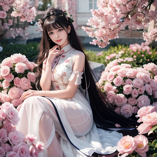 best quality, Delicate face,beautiful visual work, lifelike, eternity, black hair, Long curly hair, blunt bangs, Smile, 在flower园里, flower, Detailed Background, Delicate face,pink blush,cold,((masterpiece))、(top quality)、8k、high detail、Super detailed,21 years old female,Wearing cheongsam、Seductive and whimsical style、masterpiece、born、Scenes resembling fairy tale illustrations、intricate details和複雜的設計、Beautifully、magic、capricious、 Beautifully、Dream aesthetics、「𝓡𝓸𝓶𝓪𝓷𝓽𝓲𝓬、ethereal、charming、fickle、magic」、realism、Visual effects、FXAA、SSAO、Shader、voiceless、ambient lighting、Tone mapping、High resolution、Ultra high quality、Million pixels、(8K resolution:1.10)、8k、8k以下、8K resolution、high detail、intricate details, (high quality:1.2、masterpiece:1.2、:1.21)、(21 years old female:1.21)、(興奮地Smile)、(Surrounded by the dreamy atmosphere、Model diagram,full-body shot,Normal 2 feet,Don't show your fingers,The fan is unfolded under the chin