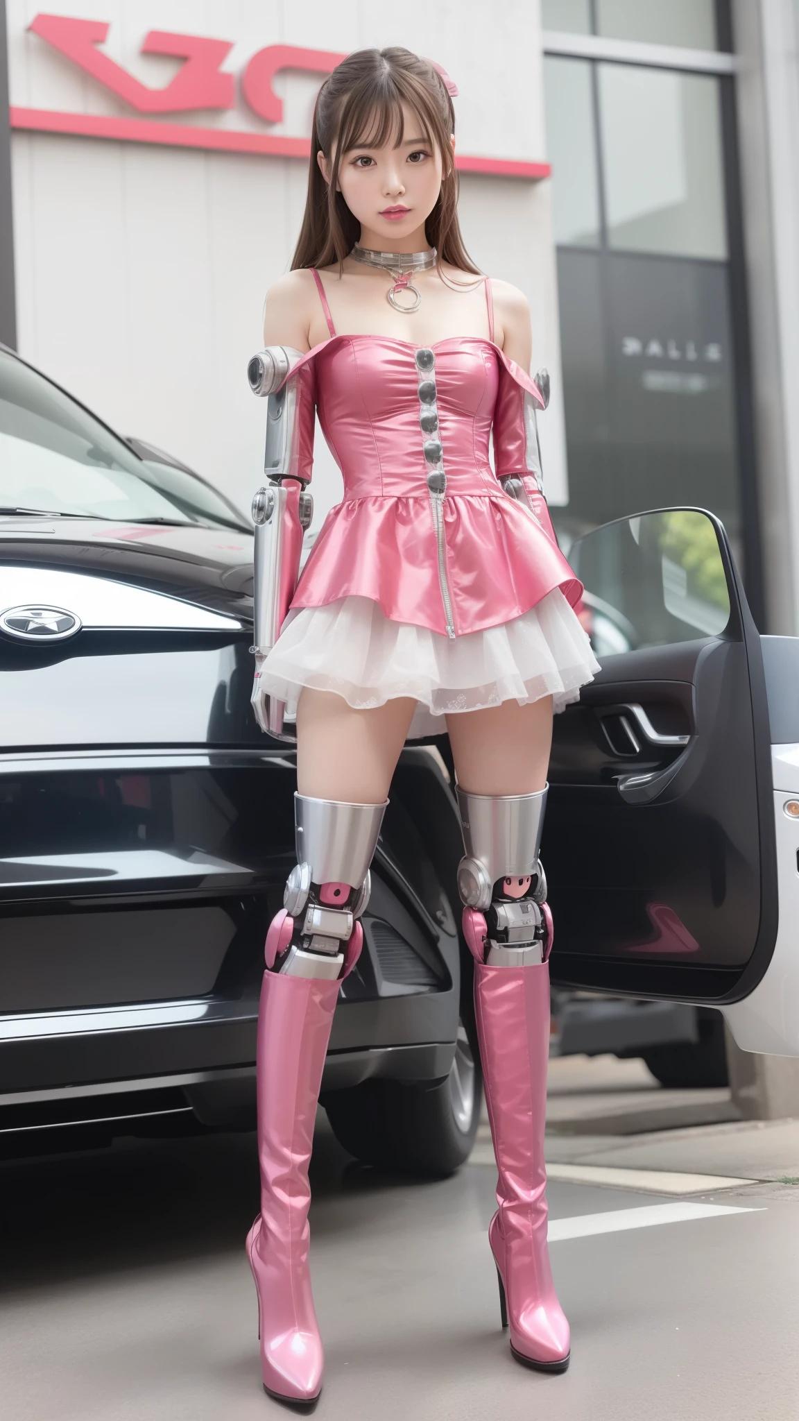 Robot Girl, pink there, Silver, Metallic body, Robot Parts, Metal Parts, Super Detailed Face, Super well-formed face, of the highest quality, a small face, a small head, Brown hair, Slender body, Camera gaze, Internal Mechanical Exposure, Idol, front facing, Well-proportioned body, sale, Exhibited, Event Hall, Moe Pose, pink metallic Lolita dress machine armor, Standing with legs open, Model body type, sad, Embarrassing,(Perfect Robot Girl),(Perfect machine body)