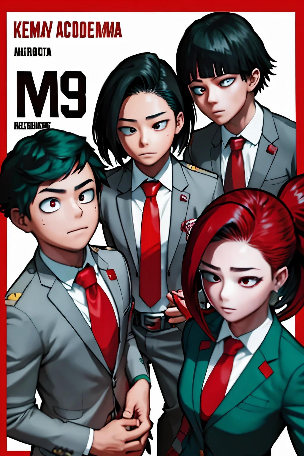 Boku no Hero Academia,  boy, short black hair with red highlights,  Bright red eyes, On his face he has scars that go from his eyelids to his chest., wears the academy uniform A gray blazer, bloomed shirt, red tie and green pants. She is talking to momo yaoyorozu and kyoka jirou. Background of a classroom.