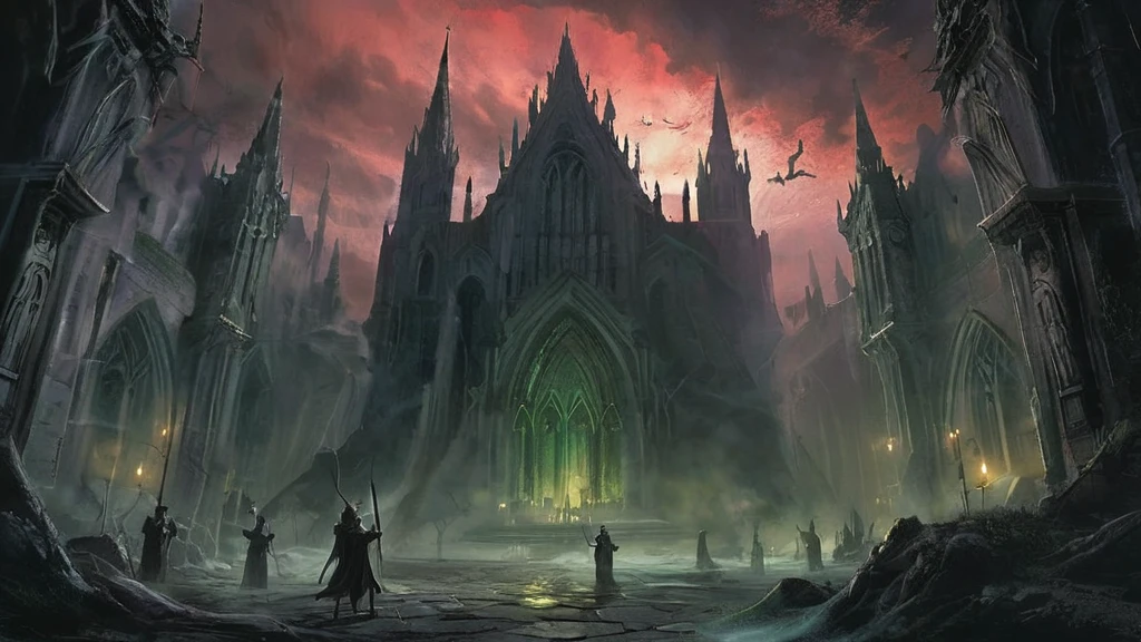 Imagine a medieval dark fantasy scene where gargoyles, ancient guardians of stone, perch atop the weathered spires of a forgotten cathedral. These monstrous creatures, with their grotesque features and wings spanning the breadth of the cathedral's roof, loom ominously against a blood-red sky streaked with lightning.

Carved from stone that bears the weight of centuries, the gargoyles' eyes glow with an eerie, otherworldly light as they survey the desolate city below. Their clawed hands grip the crumbling edges of the cathedral's facade, frozen in poses of eternal vigilance. Moss and lichen cling to their weathered forms, blending with the shadows cast by the flickering torches that line the cobblestone streets.

In the distance, the tolling of a bell echoes through the night, carried on the mournful wail of wind that stirs the tattered banners adorning the cathedral's spires. Below, shadows dance across the overgrown graveyard, where tombstones lean like crooked teeth amidst the mist that clings to the earth.

Capture the haunting and formidable presence of these gargoyles in the medieval dark fantasy world, where legends speak of their role as protectors against malevolent forces and harbingers of impending doom in a realm where the boundary between myth and reality blurs with each passing night.