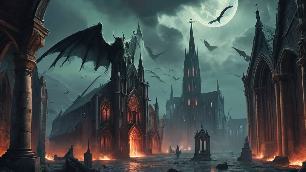 Imagine a medieval dark fantasy scene where gargoyles, ancient guardians of stone, perch atop the weathered spires of a forgotten cathedral. These monstrous creatures, with their grotesque features and wings spanning the breadth of the cathedral's roof, loom ominously against a blood-red sky streaked with lightning.

Carved from stone that bears the weight of centuries, the gargoyles' eyes glow with an eerie, otherworldly light as they survey the desolate city below. Their clawed hands grip the crumbling edges of the cathedral's facade, frozen in poses of eternal vigilance. Moss and lichen cling to their weathered forms, blending with the shadows cast by the flickering torches that line the cobblestone streets.

In the distance, the tolling of a bell echoes through the night, carried on the mournful wail of wind that stirs the tattered banners adorning the cathedral's spires. Below, shadows dance across the overgrown graveyard, where tombstones lean like crooked teeth amidst the mist that clings to the earth.

Capture the haunting and formidable presence of these gargoyles in the medieval dark fantasy world, where legends speak of their role as protectors against malevolent forces and harbingers of impending doom in a realm where the boundary between myth and reality blurs with each passing night.
