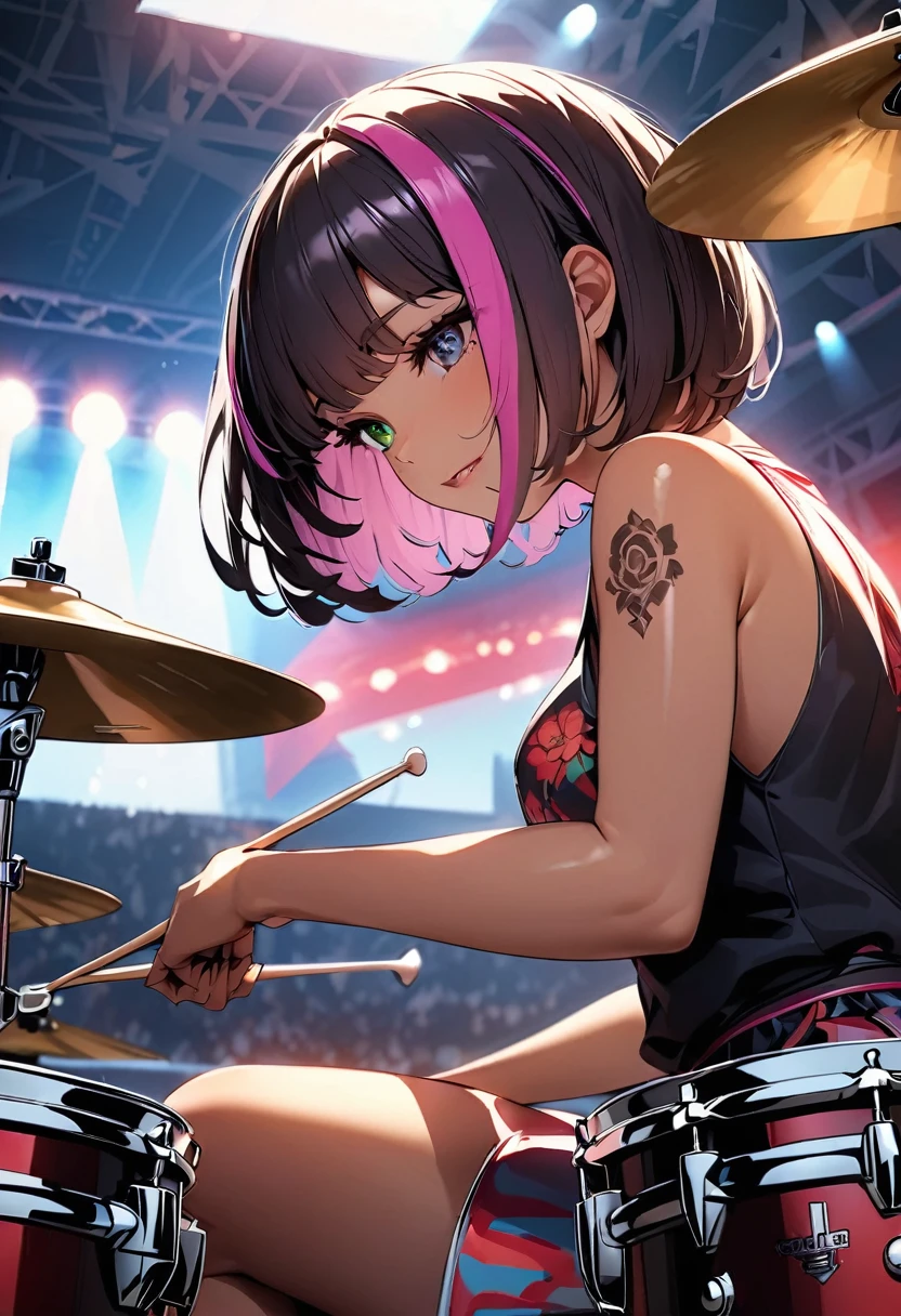 (highest quality:1.2, Very detailed, up to date, Vibrant, Ultra-high resolution, High Contrast, masterpiece:1.2, highest quality, Best aesthetics), girl, (solo), slim, heterrochromia, green eye, red eye, stage、Bright colors、Beautiful fine details、Beautiful lip detail、extra short hair, ((bob cut:1.5))、pink and purple ((streaked hair:1.9)), (highlights hair: 1.6), (medium breast:0.7), (tan skin:1), Concert Light、Edgy Style、colorful Cheongsam, (no sleeve:1.3)、Dynamic Movement, (girl playing a drum set, drum performance, (Holding drumsticks in each hand and hitting the cymbals:1) ,intense drum play, sitting behind drum set:1.6), (The drum set includes Bass Drum, Floor tom, Snare drum, Rack tom, Hi-hat, Crash cymbal, Ride cymbal:1.3), Stadium、Concert atmosphere、Resolute expression、Rock star aura, (Floral Fineline tattoo design on right arm:1), (low angle:1.4), facing forward, (close-up:2), (from side:1),