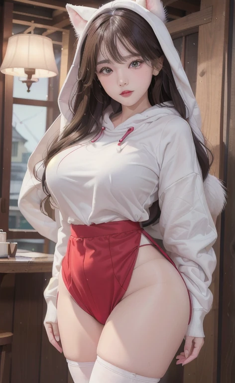 (masterpiece, realist, high resolution), ((1 girl): 1.2), Korean, ((wavy white fur): 1.3), (heterochromia: 1.1, thick eyebrows,), (White hooded sweatshirt, black sports Bermuda), ((medium breasts): 1.2, small waist, thigh), walk down the catwalk, masterpiece: 1.2, Best Quality), Realism, (real photos, rich details, depth of field), (1 girl, Alone), make up, high detail, perfect face shape, (: 1.4), (Dents in the skin), thick thighs, Wide hips, Thin waist, high, coral, Red lips, Red eyes, Horse tail (Girls, shallow tulle, transparent tulle), (sweat: 1.2) , (Wet), sexy, blush, (shy expression), Bermuda, red thong, socks, suspenders,