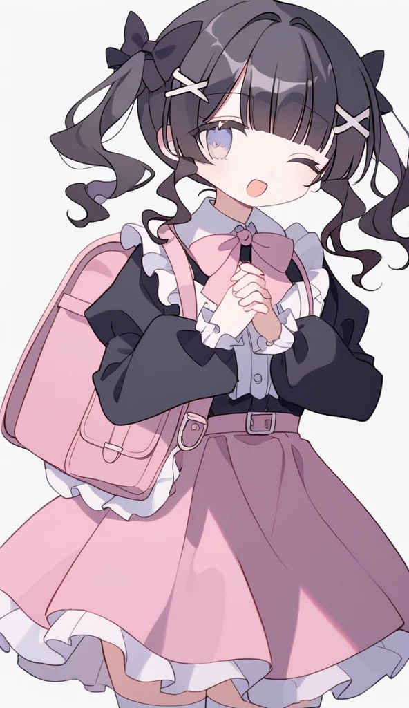 Mature woman 、 solo 、 backpack 、 bag,
、 one eye closed 、 long sleeves 、 skirt 、 hair ornament 、 bangs 、 bow 、 black hair 、 pink skirt 、 hairclip 、 thighhighs 、 looking at viewer 、 simple background、 frills、 hair bow,shirt,twintails,randoseru,cowboy shot,x hair ornament,charm (object),frilled sleeves,wavy hair,hands up,white thighhighs,long hair,pink bow,ribbon,black shirt,puffy long sleeves,puffy sleeves,pink bag,grey background,own hands together,open mouth,blunt bangs,frilled shirt collar,black bow,gradient eyes,multicolored eyes,hair ribbon,score_9,score_8_up,score_7_up,Expressiveh,rating_safe,(masterpiece, best quality)