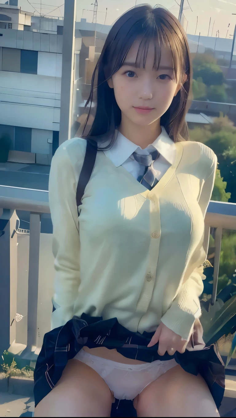 Hair in a ponytail1.5、High school girl uniform white blouse、(8k、Raw、professional、highest quality、masterpiece:1.2)、(Real、Photorealistic:1.37)、Ultra-detailed、(Portrait of an -yeld wo)、(Highest Detail Skin:1.2)、(Highest detail face:1.2)、1woman、16-year-o、BlHair、g Hair、High 、Japanese High Raw Sailor Suit Uniform、The wind flipped her pleated miniskirt, revealing her white lace panties.)、Sunset sky、The cityscape at dusk can be seen in the distance、golden hour、)、(school uniform1.5、Green blazer 1、Dress shirt 、School emblem 、emblem 、Green tie、Brown pleated skirt 1.5、Brown checkered skirt 1.5、Green below-the-knee skirt 1.5、Brown knee-high socks 1.5)、The skirt is rolled up to the stomach、Squatting down and lifting up your skirt、(White panties look good on her 1.5、Highly detailed expensive panties1.5、The crotch area fits snugly against the female genitals1.5)