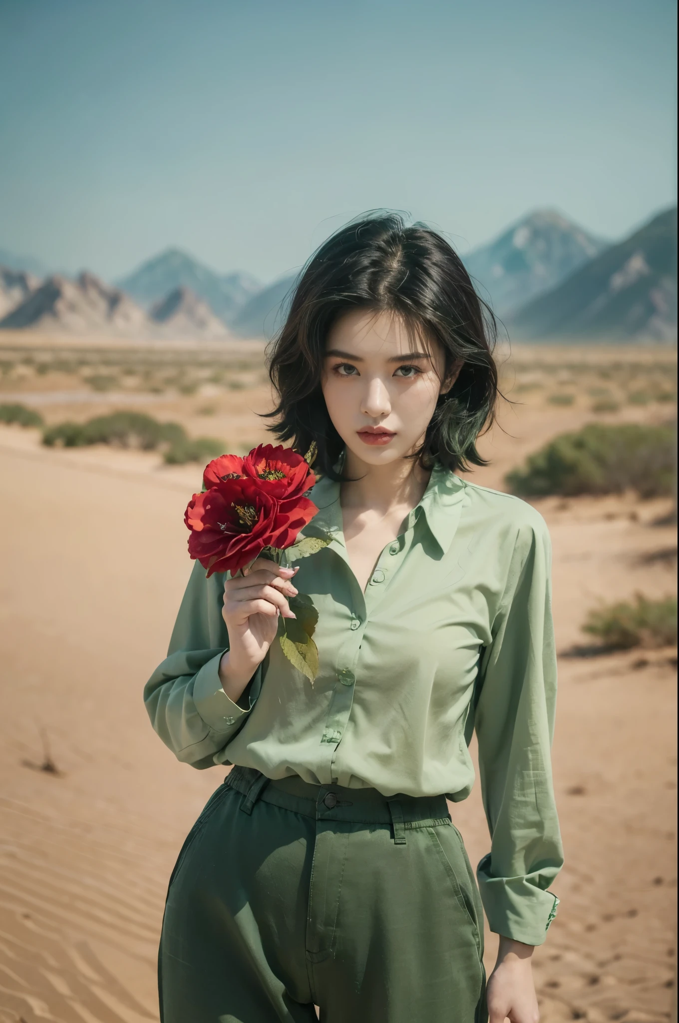 (((best quality))),(((ultra detailed))),(((masterpiece))),illustration,((1 beautiful girl,tomboy,solo)),(short black hair:1.2),((slim,thin)),((small breasts,thin)), vigorous, confident, (light green collared shirt:1.3), (dark green pants:1.2),(standing:1.3),simplicity, robustness, strong features, (Abandoned Gobi Desert Scene:1.3),glowing eyes, rebellious, sensible, (mountainous landscape:1.3), (only one vibrant red flower:1.3),elegance, unyielding spirit, youthful beauty, strength, resilience, adversity, challenges,((from front,upper body))