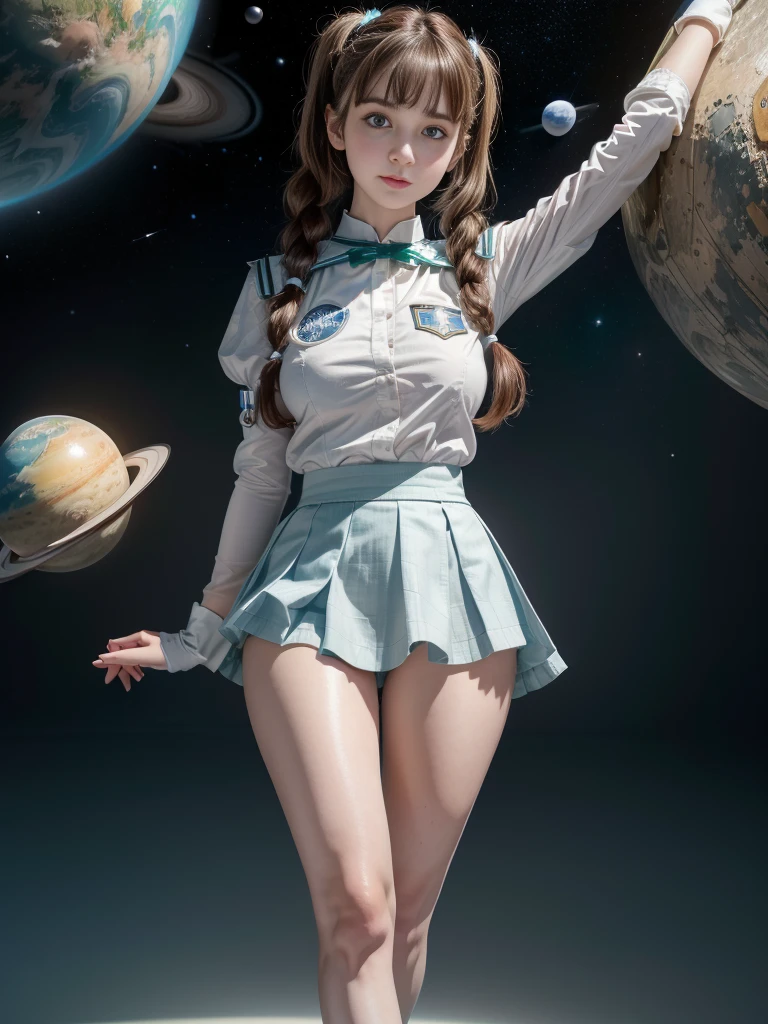 ((RAW photo), absurdities, (absurdresolution)), masterpiece, best quality, (Extremely detailed 8k unity CG wallpaper), (best illustration), (best shadow), absurdities, Realistic lighting, beautiful detailed glow, ((the cutest girl in space cadet uniform, blue straight skirt, white buttoned shirt, open blue shoe, bangs)), (((ringed greenish planet background))), (slightly bent leg), arms on waist, white gloves, looking intently to the side, slight smile, flirtatious (brown hair, tied ends, two pigtails), (light gray eyes, perfect pupil)