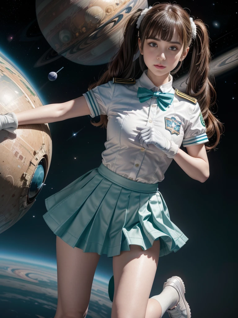 ((RAW photo), absurdities, (absurdresolution)), masterpiece, best quality, (Extremely detailed 8k unity CG wallpaper), (best illustration), (best shadow), absurdities, Realistic lighting, beautiful detailed glow, ((the cutest girl in space cadet uniform, blue straight skirt, white buttoned shirt, open blue shoe, bangs)), (((ringed greenish planet background))), (slightly bent leg), arms on waist, white gloves, looking intently to the side, slight smile, flirtatious (brown hair, tied ends, two pigtails), (light gray eyes, perfect pupil)