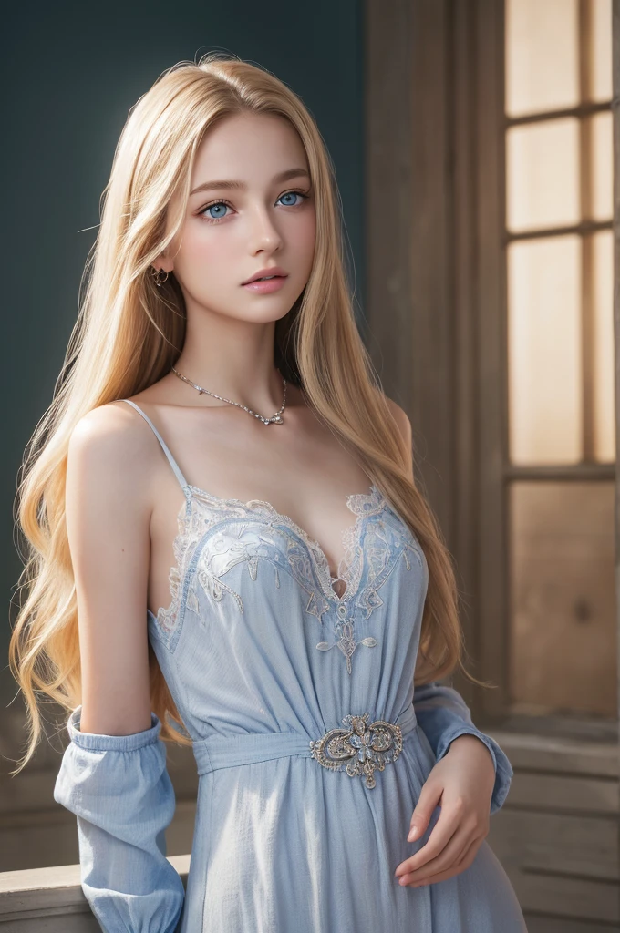 1girl, beautiful real girl, blue eyes, long blonde hair, intricate detailed face, incredibly detailed eyes, beautiful detailed lips, slender figure, simple clothes, elegant pose, delicate features, soft lighting, warm color palette, photorealistic, 8k, highres, (best quality,4k,8k,highres,masterpiece:1.2),ultra-detailed,(realistic,photorealistic,photo-realistic:1.37)