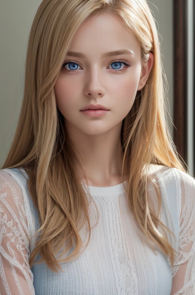 1girl, beautiful 16 years old real girl, blue eyes, long blonde hair, intricate detailed face, incredibly detailed eyes, beautiful detailed lips, slender figure, simple clothes, elegant pose, delicate features, soft lighting, warm color palette, photorealistic, 8k, highres, (best quality,4k,8k,highres,masterpiece:1.2),ultra-detailed,(realistic,photorealistic,photo-realistic:1.37)