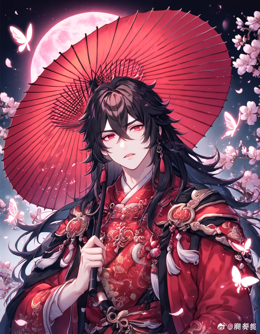 absurdres, highres, ultra detailed, HDR, master piece, best quality, extremely detailed face, delicated features, Xue Yu, untamed spiky hair, black hair, long hair, hair between the eyes, expressive red eyes, Thousand Years War, solo, sexy man, handsome, black cape, red robes, holding a red paper umbrella, accessories, patterns, fantasy, magical, radiant, pink butterflies, pink flowers, night sky, shinning pink moon, blossoms