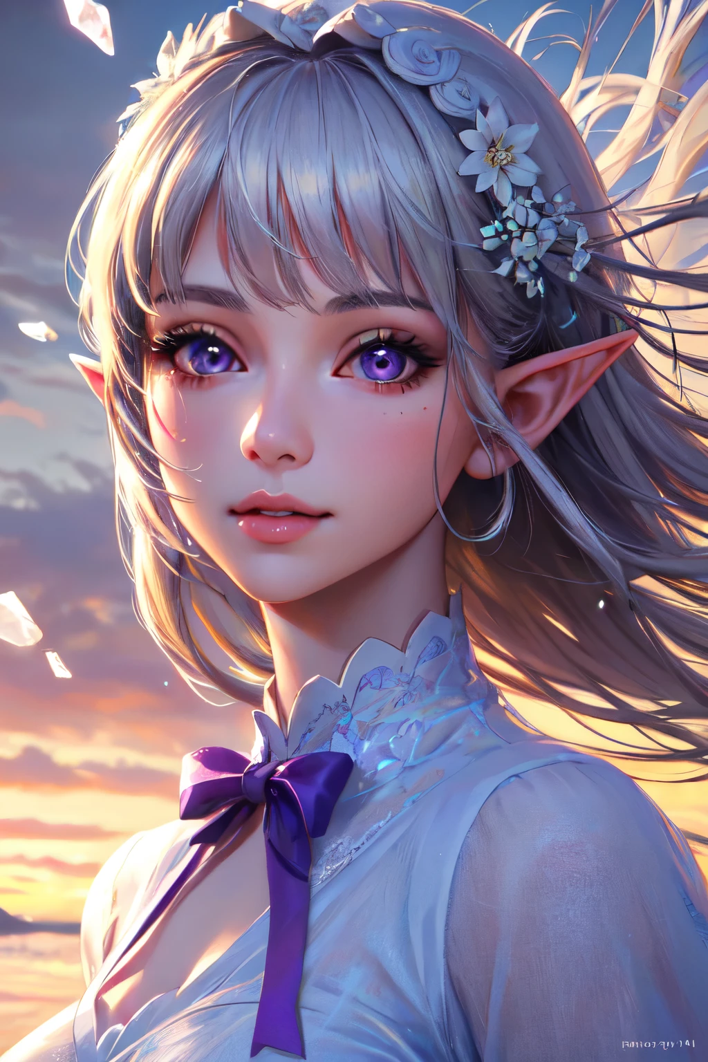 1girl, 19 years old ((beautiful detailed eyes)), beautiful detailed lips, extremely detailed eyes and face, long eyelashes, elf ear, white flower with a purple bow in her hair, smiling, crystal formations, floating particles, ethereal, delicate, soft focus, unreachable, (best quality,4k,8k,highres,masterpiece:1.2),ultra-detailed,(realistic,photorealistic,photo-realistic:1.37),fantasy,dreamy,purple eyes,silver hair