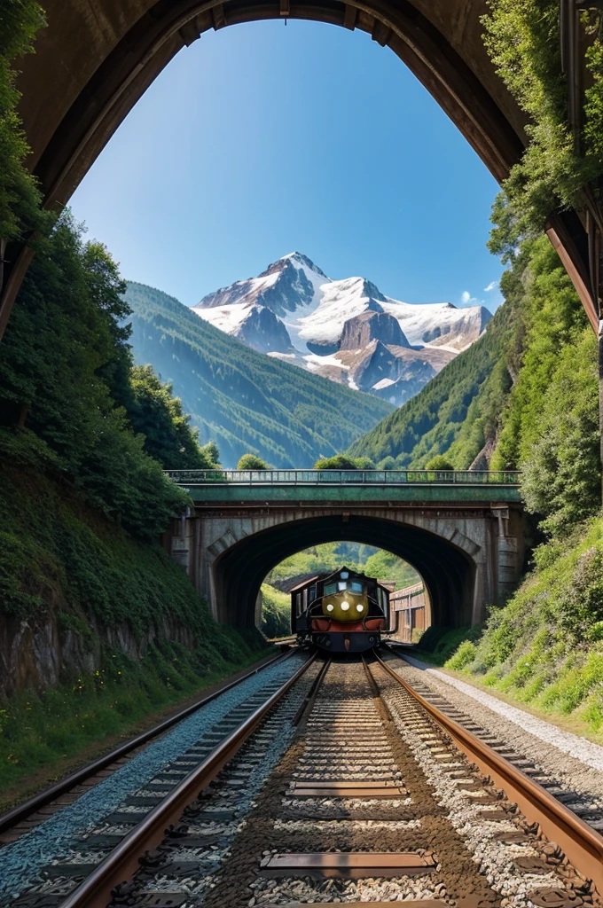 Create a Ghibli studio style art of a beautiful mountain landscape and a railway track with a train coming towards me from a tunnel in first perspective view this whole thing should be based in a mountain the railway should be curved towards me and make it more vibrant