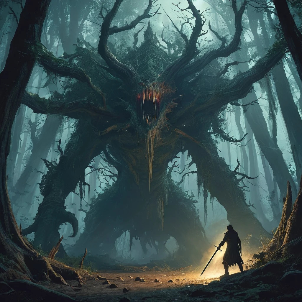 shadowy medieval forest, a young teen named Aiden, armed with a small sword, moves cautiously through the twisted, ancient trees. His village is under siege by menacing tree monsters, creatures of bark and shadow that emerge from the darkness to terrorize the night. The forest is thick with the scent of damp earth and decay, and moonlight barely pierces the dense canopy, casting shifting, watchful shadows. A sudden rustling, the crack of a twig—Aiden’s heart races as he turns, his small sword held tight, ready to defend. The ancient forest seems alive, brimming with malice. Each step leads him deeper into the darkness, where he must face these monstrous entities and save his village before dawn breaks.