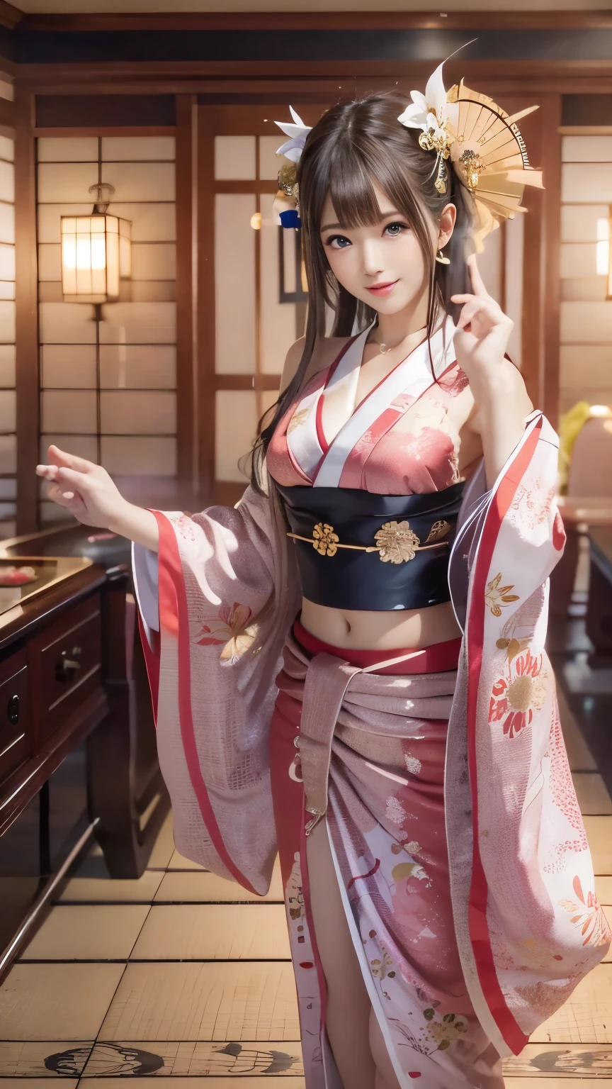 (sexy Japanese traditional dress), (banquet hall,, traditional Japanese party room:1.5), The background is a gold folding screen, doaxvv_Marie Rose, One girl, Maiko, slim body, huge bouncing busts, Black choker, fan, Dance with your arms outstretched, 超High resolution, retina, masterpiece, Accurate, Anatomically correct, Textured skin, Super Detail, Attention to detail, high quality, 最high quality, High resolution, 4K