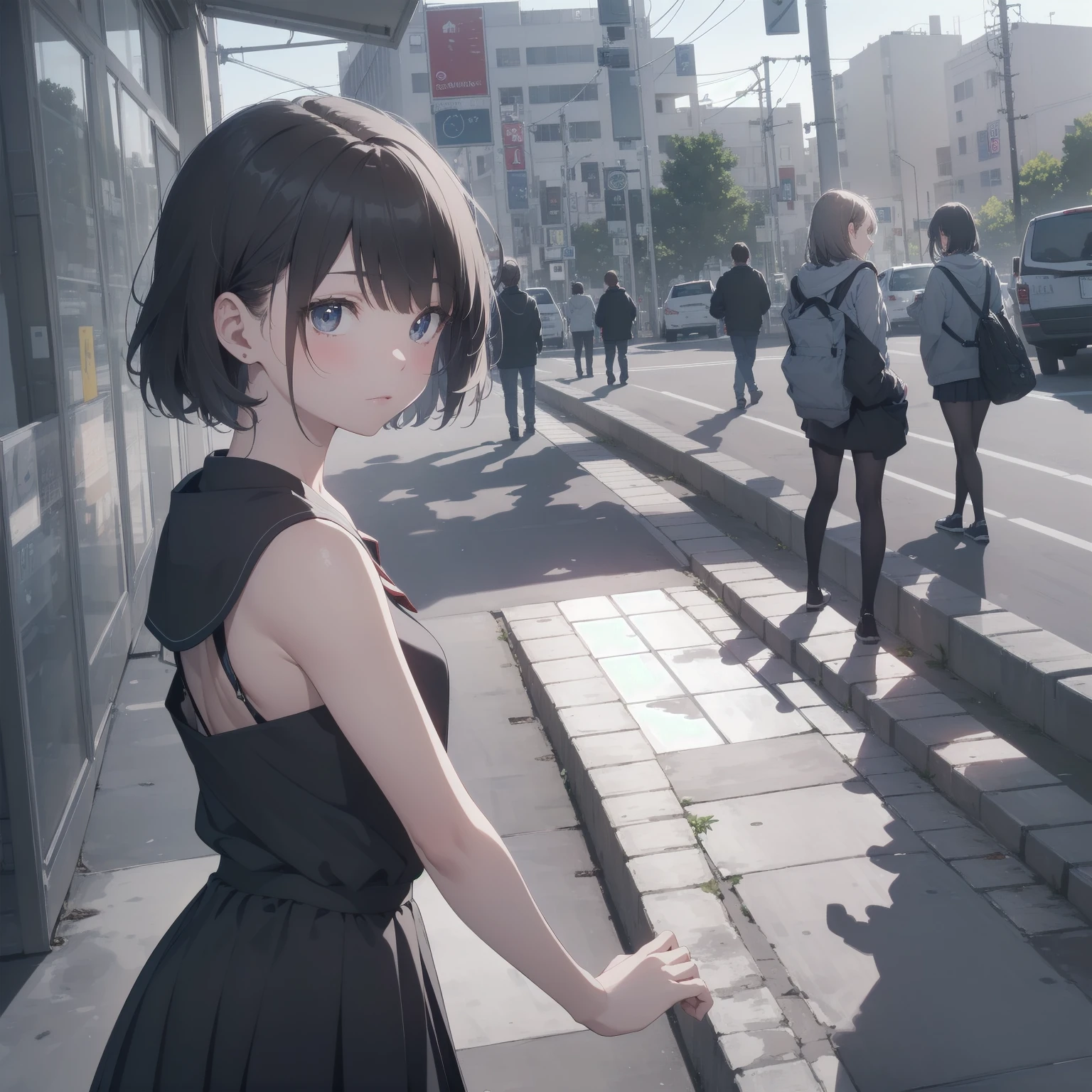 ultra-absurdres-Top quality by artist God, ultra-detailed, high resolution, anime moe artstyle, best anime 8k konachan wallpaper, pixiv contest winner, pool:2810, perfect anatomy,break, 1girl, (Please draw a girl walking sleepily to school alone. )break,(Solo,little female, 13-year-old:1.3),Full limbs, complete fingers,a junior high school student, (very short hair), short cut, flat chest, , small butt, small black eyes, beautiful detailed eyes, well-proportioned iris and pupils, expressive eyes, highres detailed hair, soft expression, salor school_uniform, sailor collar, serahuku, bow, pleated skirt,(Detailed Lighting), (Detailed background), in the School commute route. break,super detailed skin, Best cinematic lighting powered by famous artist, 8k,beauty illustration,photoshop_(medium),very aesthetic,break,((artist:nekotoufu )), artist:clamp ,artist:carnelian ,artist:kantoku ,