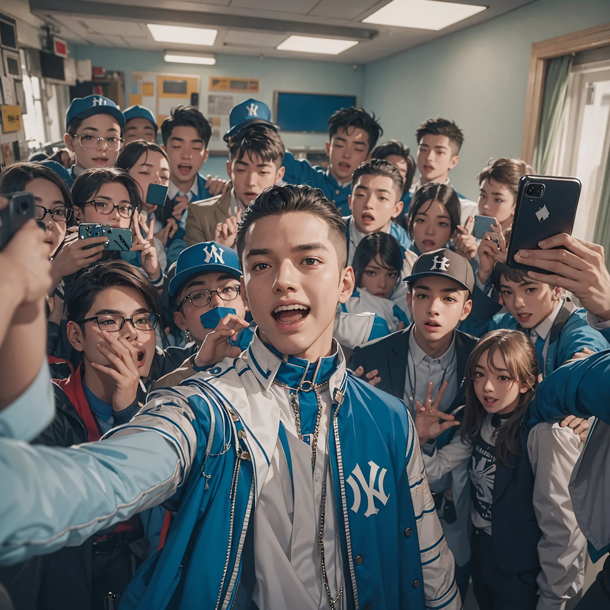 A high school boy in a blue uniform, who is the popular leader of his class with a yankee-like vibe. He is confidently taking a selfie with his smartphone while recording a video with his friends. The scene captures his charismatic and rebellious presence as he poses and interacts with his peers, who are also enjoying the moment and participating in the video. The background shows a casual and lively setting, emphasizing his role as a trendsetter and influential leader.
