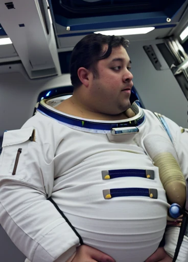 The captain of the astronauts is a plump, chubby man, extremely thick thighs, a large belly, fat. Passing inside the spaceship laboratory, Ele está segurando ferramentas para consertar algo. Está em um quarto futurista