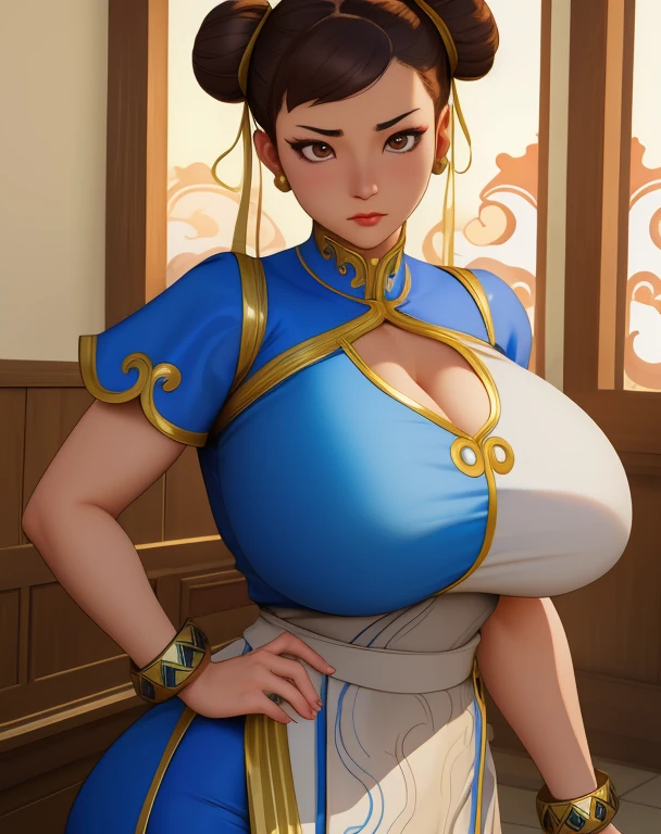 chun li, brown hair, brown eyes,  double bun,  hair ribbon,  
multi colored dress, pelvic curtain,  blue pants, bangles,  cleavage,  
 upper body,   hips, 
morning,  temple,  indoors, 
(insanely detailed, beautiful detailed face,beautiful detailed eyes, masterpiece, best quality) , solo, ((huge breasts))
