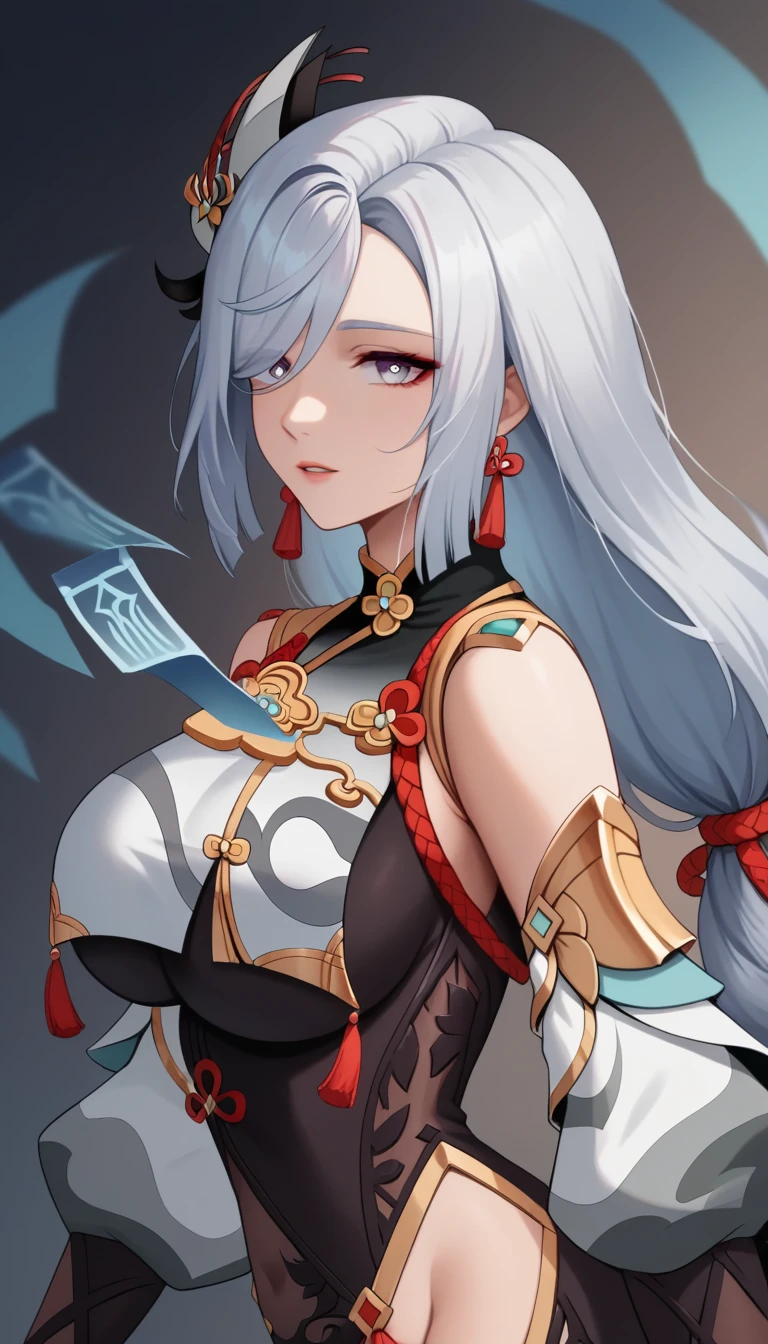 4K，Realistic painting style，Details of the face，Delicate face，best quality, masterpiece, high resolution, alone, {shenhe_Genshin Impact:1.15}, long_hair, Blue_eyes, bangs, hair_exceed_one_Eye, Chests, hair_decorate, Big deal_Chests, Jewelry, grey_hair, White_hair, Tassel, earrings, Very_long_hair, Weaving, Chest_curtain, 1 girl, Watch_exist_audience, only_Shoulder, portrait, separate_Lips, Tassel_earrings，Super huge chest，Sexy breasts，Fat buttocks，Wide hips，Wide hips，Exaggerated and disproportionate enlargement of the thighs and buttocks，full，Honey thighs，Super full thighs, upper body to thighs shot