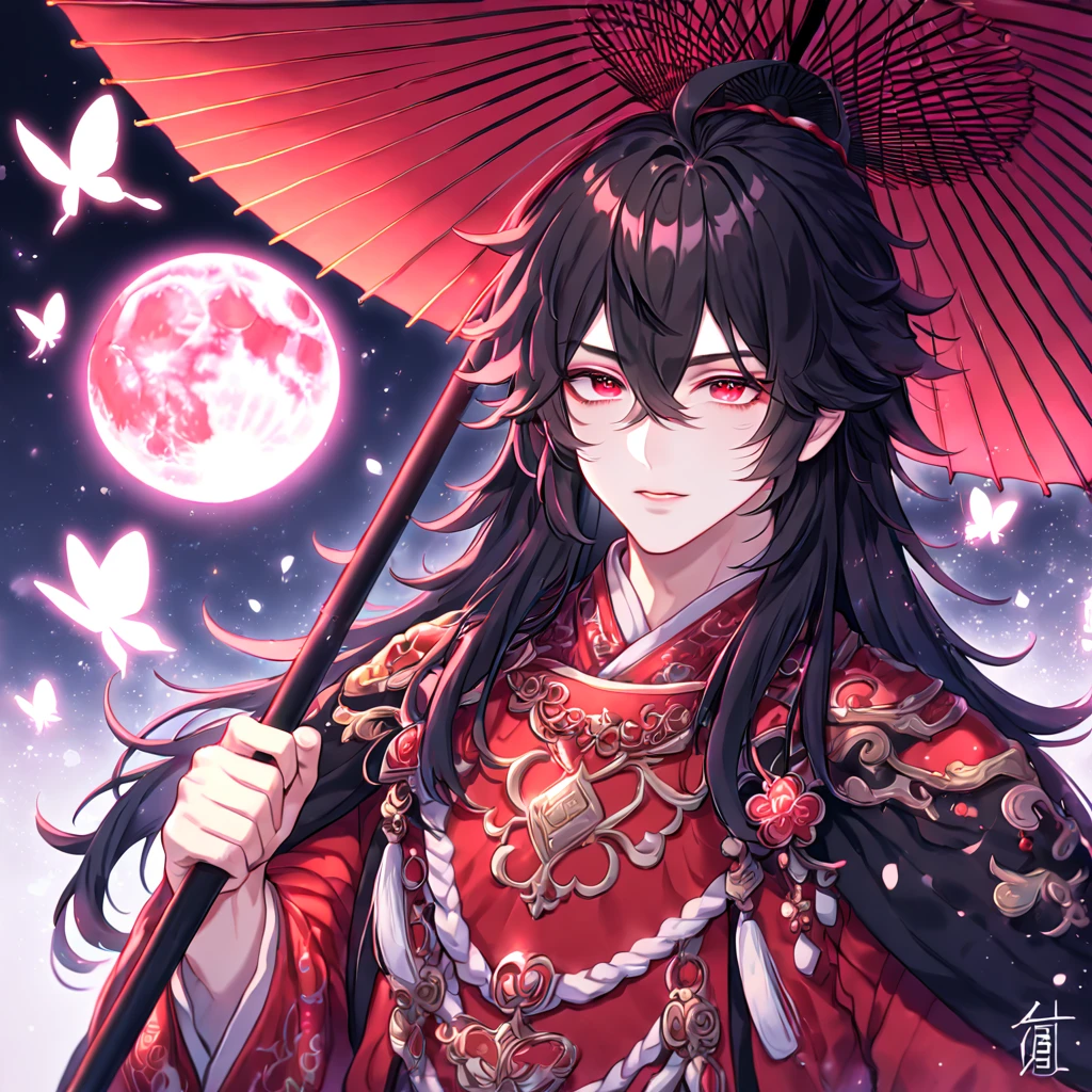 absurdres, highres, ultra detailed, HDR, master piece, best quality, extremely detailed face, delicated features, Xue Yu, untamed spiky hair, black hair, long hair, hair between the eyes, expressive red eyes, Thousand Years War, solo, sexy man, handsome, black cape, red robes, holding a red paper umbrella, accessories, patterns, fantasy, magical, radiant, pink butterflies, pink flowers, night sky, shinning pink moon, blossoms