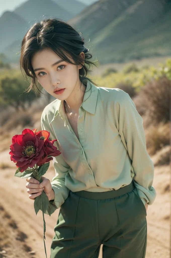(((best quality))),(((ultra detailed))),(((masterpiece))),illustration,((1 beautiful girl,tomboy,solo)),(short black hair:1.2),((slim,thin)),((small breasts,thin)), vigorous, confident, (light green collared shirt:1.3), (dark green pants:1.2),(standing:1.3),simplicity, robustness, strong features, (Abandoned Gobi Desert Scene:1.3),glowing eyes, rebellious, sensible, (mountainous landscape:1.3), (only one vibrant red flower:1.3),elegance, unyielding spirit, youthful beauty, strength, resilience, adversity, challenges,((from front,upper body))
